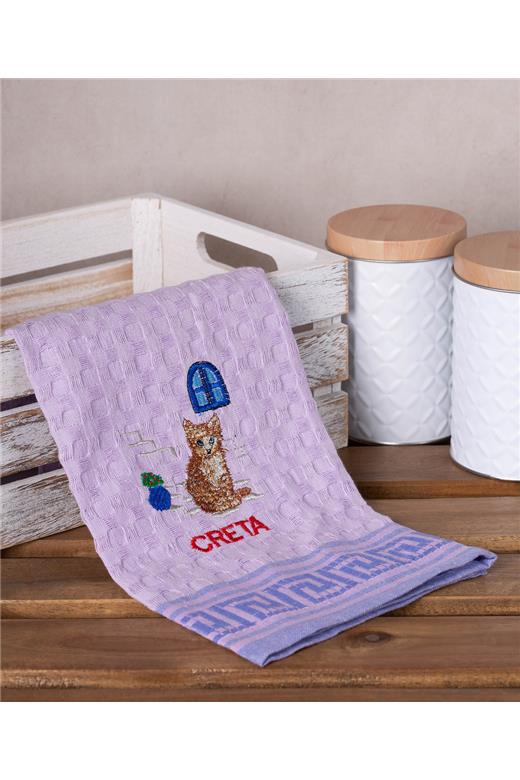 Σετ 12 τεμαχίων ποτηρόπανα γκοφρέ (50cm x 70cm) λιλά γάτα CRETA