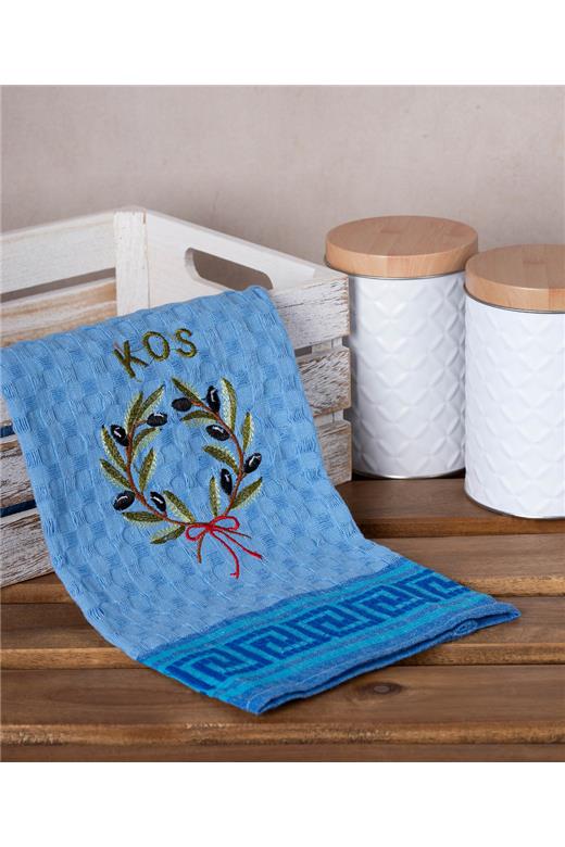 Σετ 12 τεμαχίων ποτηρόπανα γκοφρέ (50cm x 70cm) μπλέ στεφάνι KOS