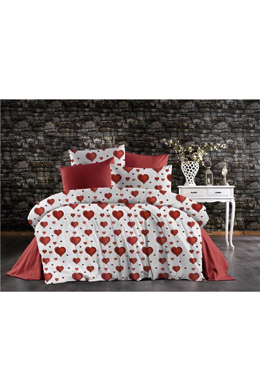 Σεντόνια Εμπριμέ Σετ 4 τεμ Πάθος 607 220X240 White-Red 70/30 Cott/Pol