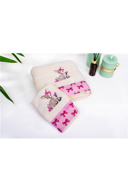 Πετσέτα Με Κέντημα Σετ 2 τεμ bebe Deer 198 30X50,70X140 Ecru-Pink 100% Cotton