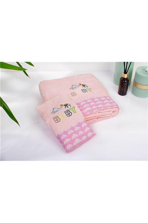 Πετσέτα Με Κέντημα Σετ 2 τεμ bebe Stork 192 30X50,70X140 Pink 100% Cotton