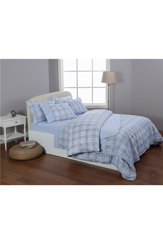 Μονό βαμβακερό κουβερλί (160cm x 220cm) καρρώ σιέλ