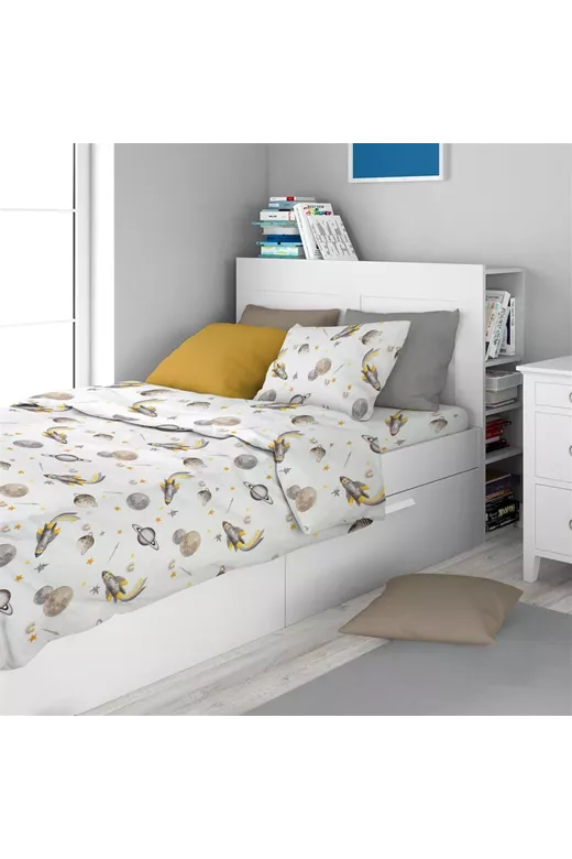 Σεντόνια Εμπριμέ Σετ 3 τεμ kids Space Mission 183 160X240 White-Grey 100% Cotton
