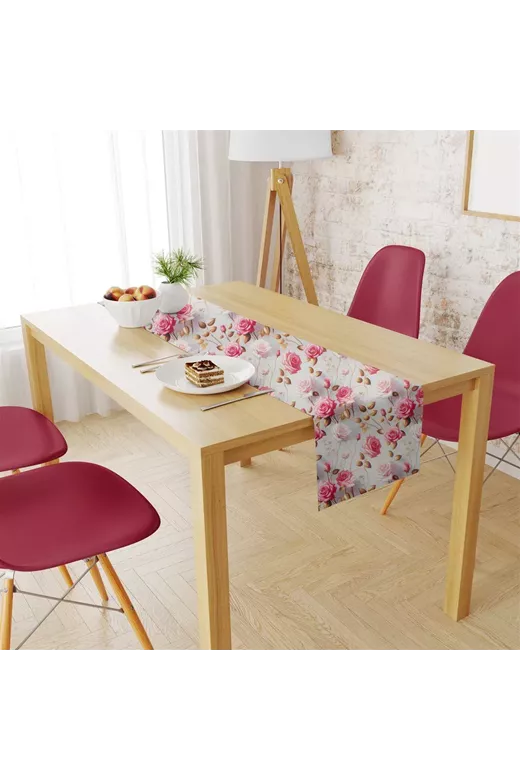 Αλέκιαστη Τραβέρσα Ψηφιακής Εκτύπωσης Roses 465 40X180 Grey-Pink 70/30 Cott/Pol