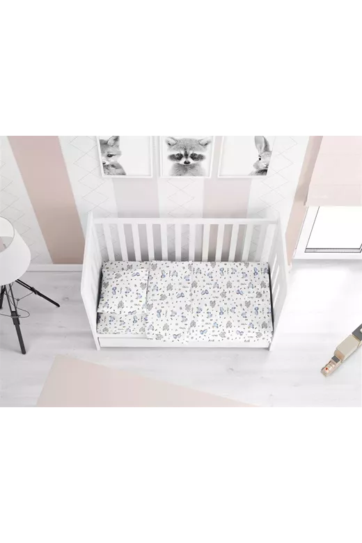 Σεντόνια Εμπριμέ Σετ 3 τεμ bebe Elephant 074 120X160 White-Sky Blue 100% Cotton Flannel
