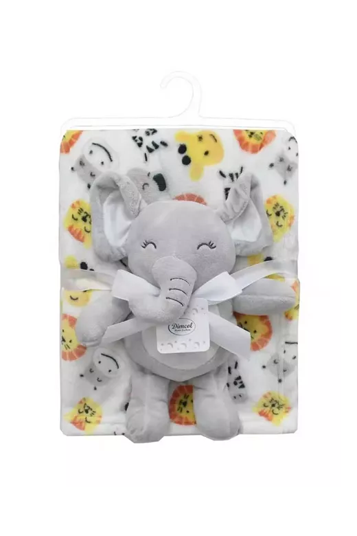 Λούτρινο Ζωάκι Σετ 2 Τεμ. bebe Elephant 23 Ύψος 25 cm & Εμπριμέ Κουβέρτα Coral Fleece 75x100 cm Grey 100% Polyester