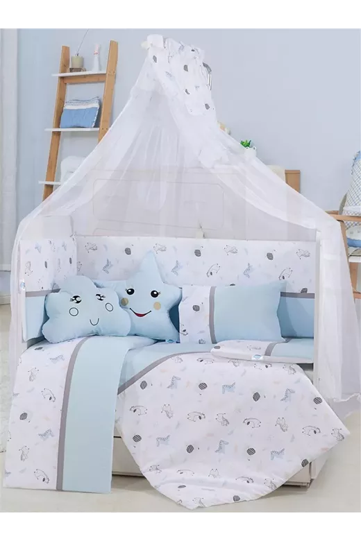 Προίκα Μωρού Εμπριμέ Σετ 9 τεμ bebe Forest 11 White-Sky Blue 100% Cotton