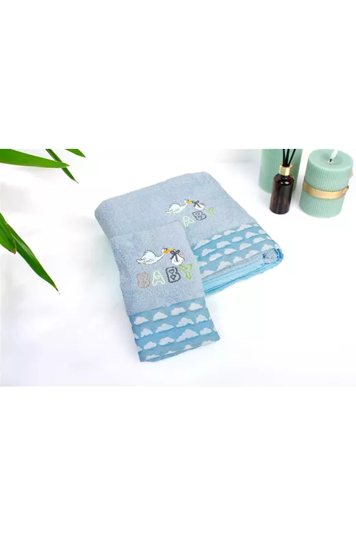 Πετσέτα Με Κέντημα Σετ 2 τεμ bebe Stork 191 30X50,70X140 Sky Blue 100% Cotton