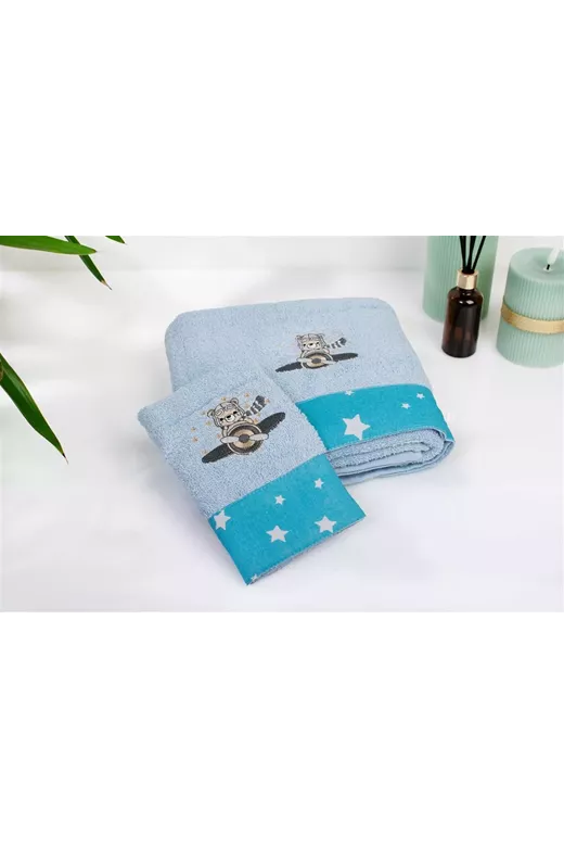 Πετσέτα Με Κέντημα Σετ 2 τεμ bebe Aviator 183 30X50,70X140 Sky Blue 100% Cotton