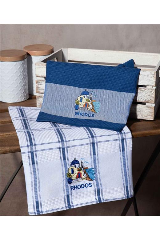 Σετ 2 τεμαχίων ποτηρόπανα (50cm x 70cm) μπλέ εκκλησία RHODES